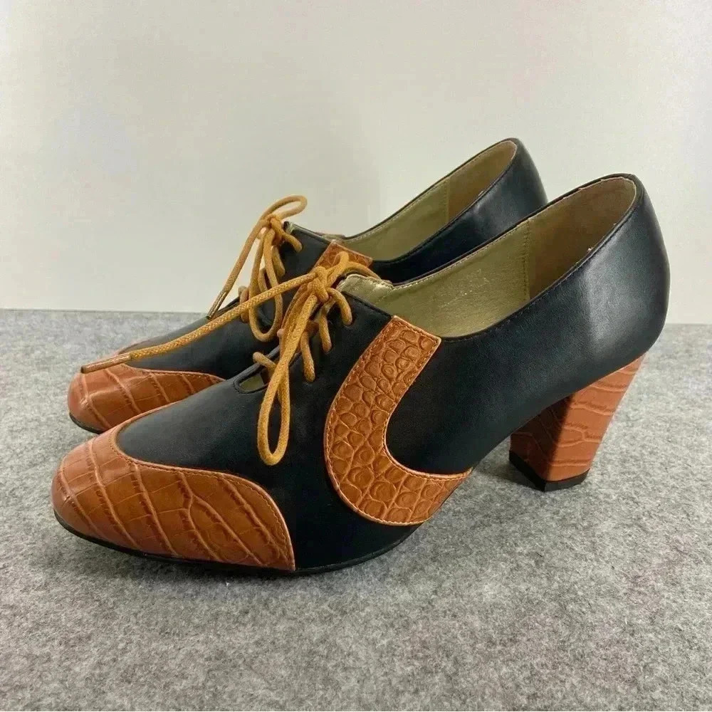 LULU HUN Retro Vintage 50’s Shoes in Black Heels Lace Up UK Women’s Size 7